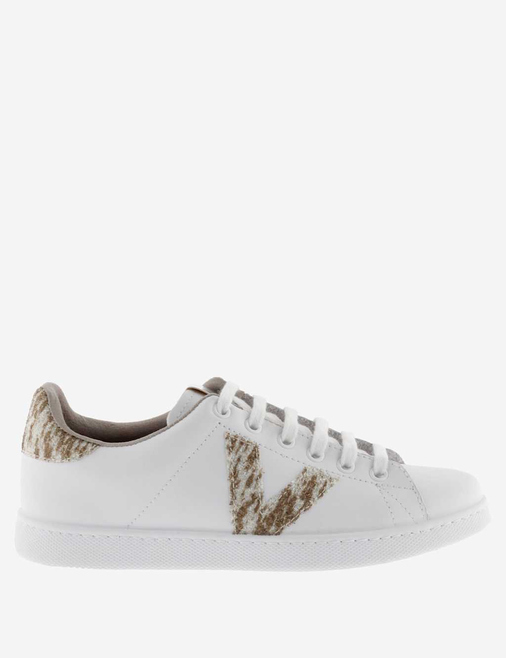 Victoria Women's Leather Lace Up Glitter Side Detail Trainers - 7 - Beige - Available at M&S