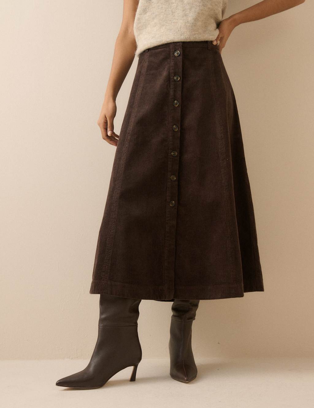 Nobody's Child Women's Pure Cotton Corduroy Midi A-Line Skirt - 12 - Brown - Available at M&S