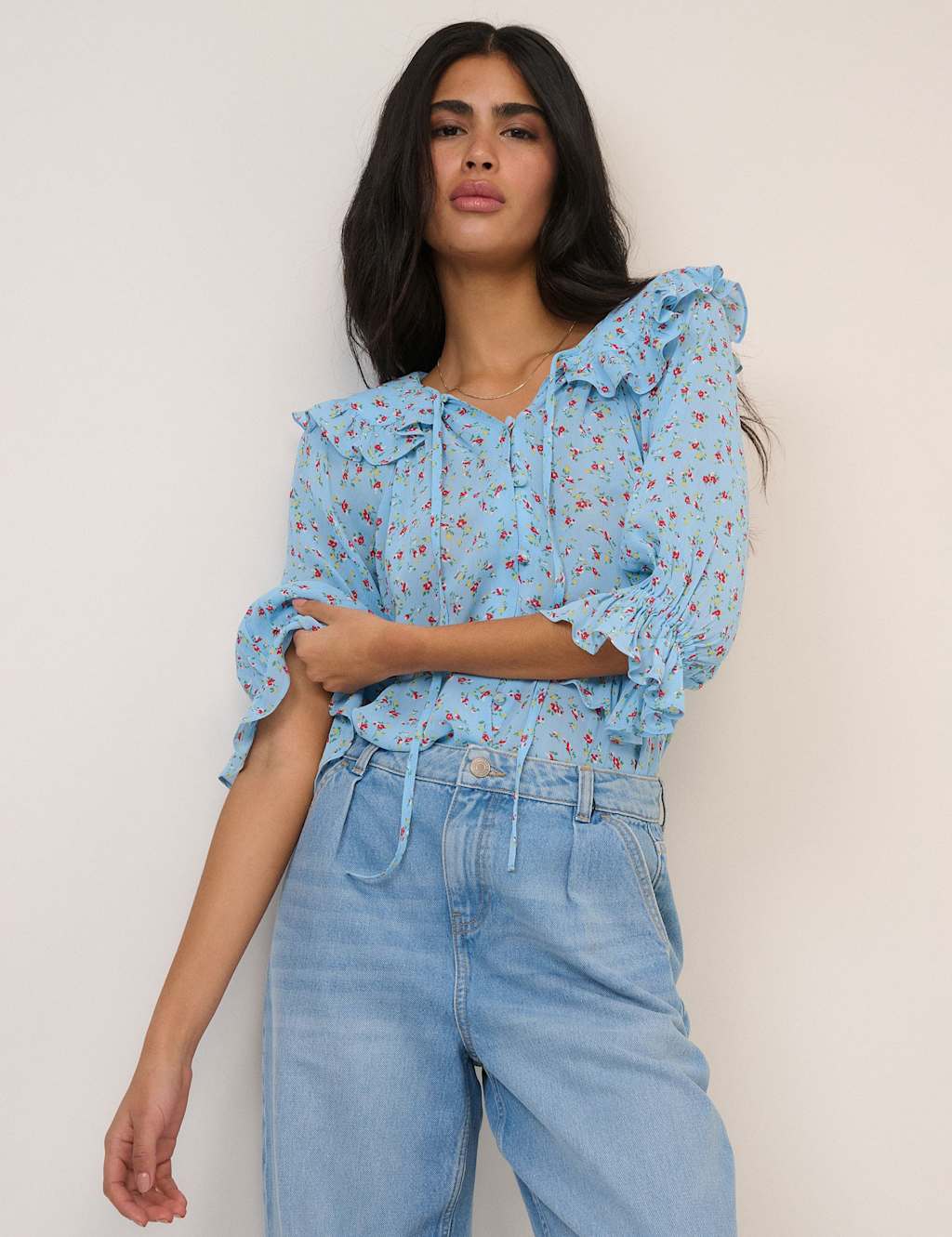 Nobody's Child Women's Floral Tie Neck Relaxed Blouse - Small - Blue Mix - Available at M&S