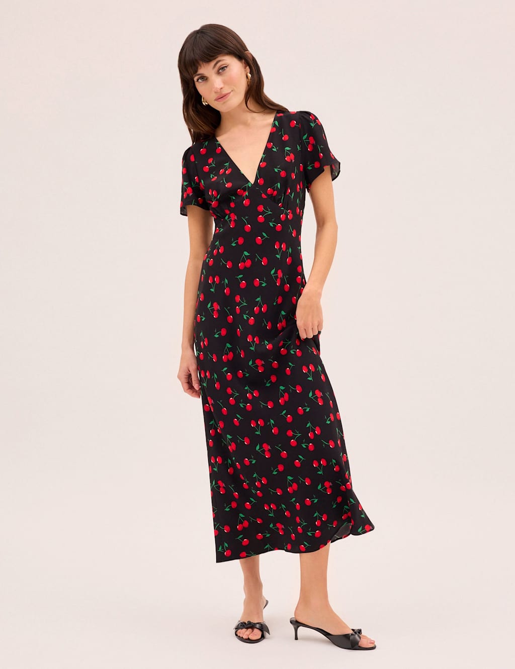 Kitri Women's Cherry Print V-Neck Midaxi Waisted Dress - 10 - Black - Available at M&S