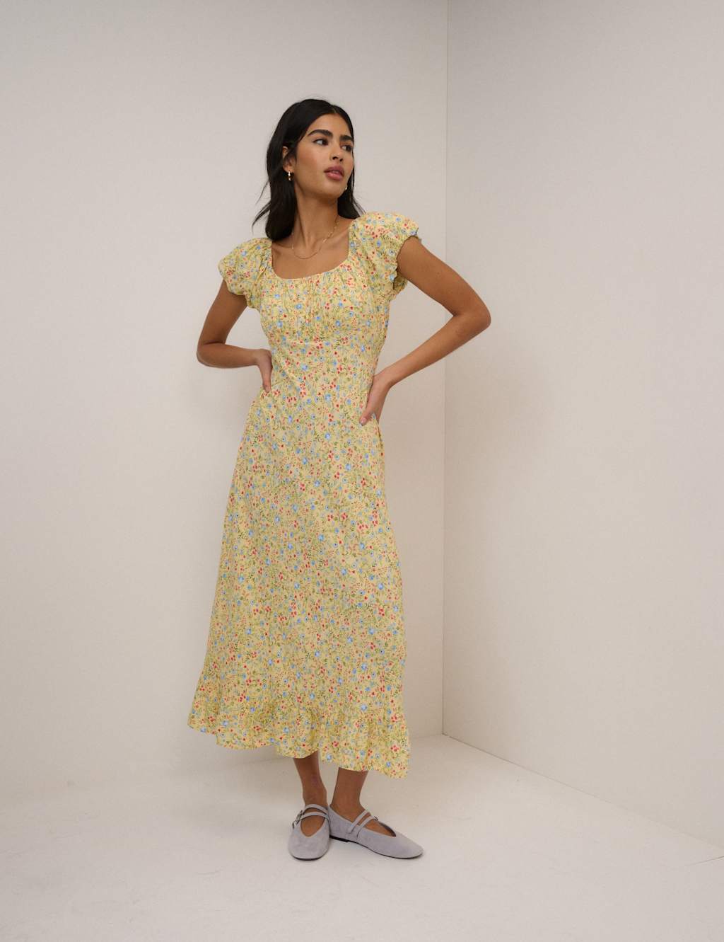Nobody's Child Women's Floral Square Neck Midi Tea Dress - 16 - Yellow - Available at M&S