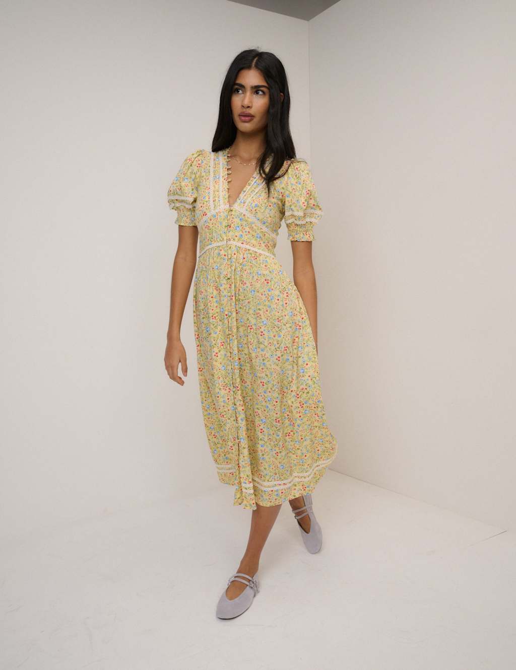 Nobody's Child Women's Patterned V-Neck Midi Waisted Dress - 18 - Yellow - Available at M&S