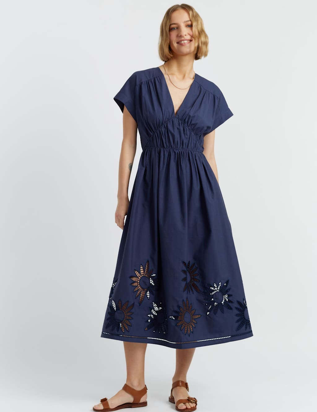 Pure Cotton Broderie Midi Waisted Dress