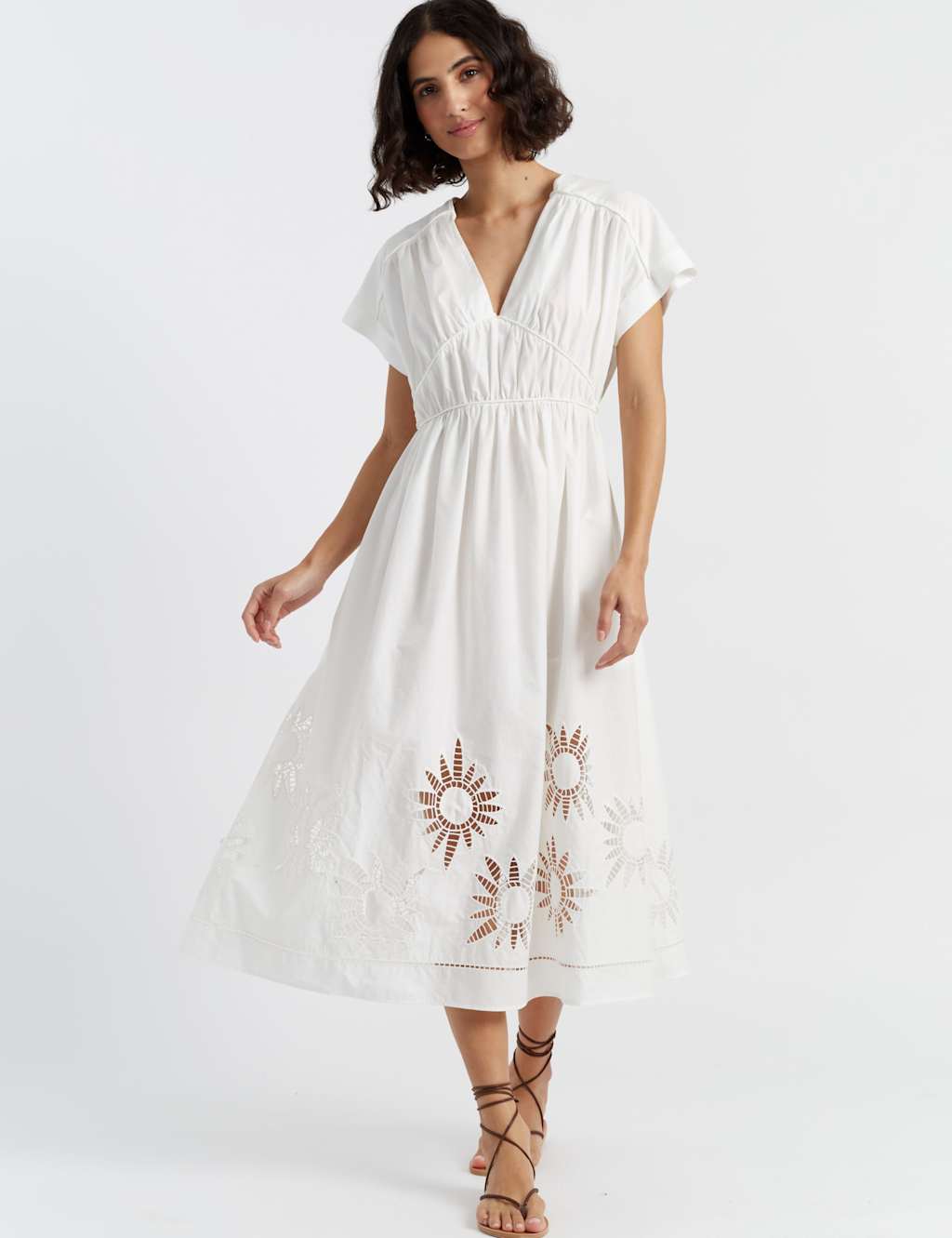 Chinti & Parker Pure Cotton Broderie Midi Waisted Dress Cream