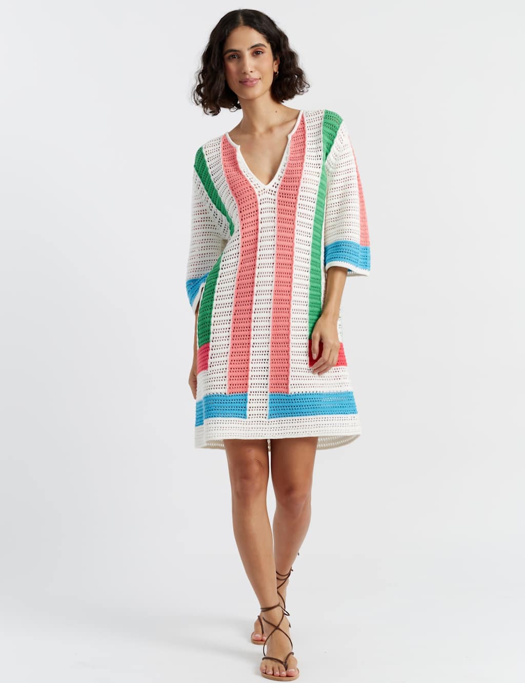 Pure Cotton Striped V-Neck Mini Kaftan Dress