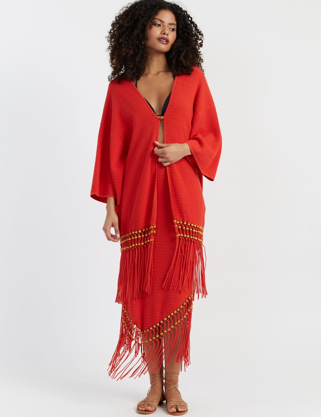 Pure Cotton Textured V-Neck Tassel Kaftan
