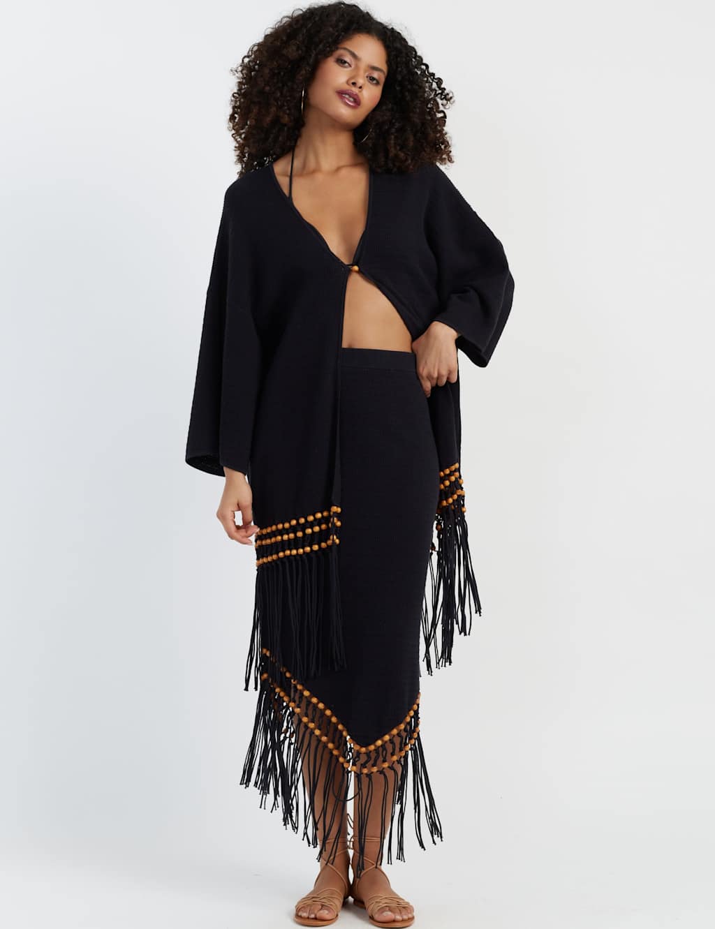 Pure Cotton Textured V-Neck Tassel Kaftan