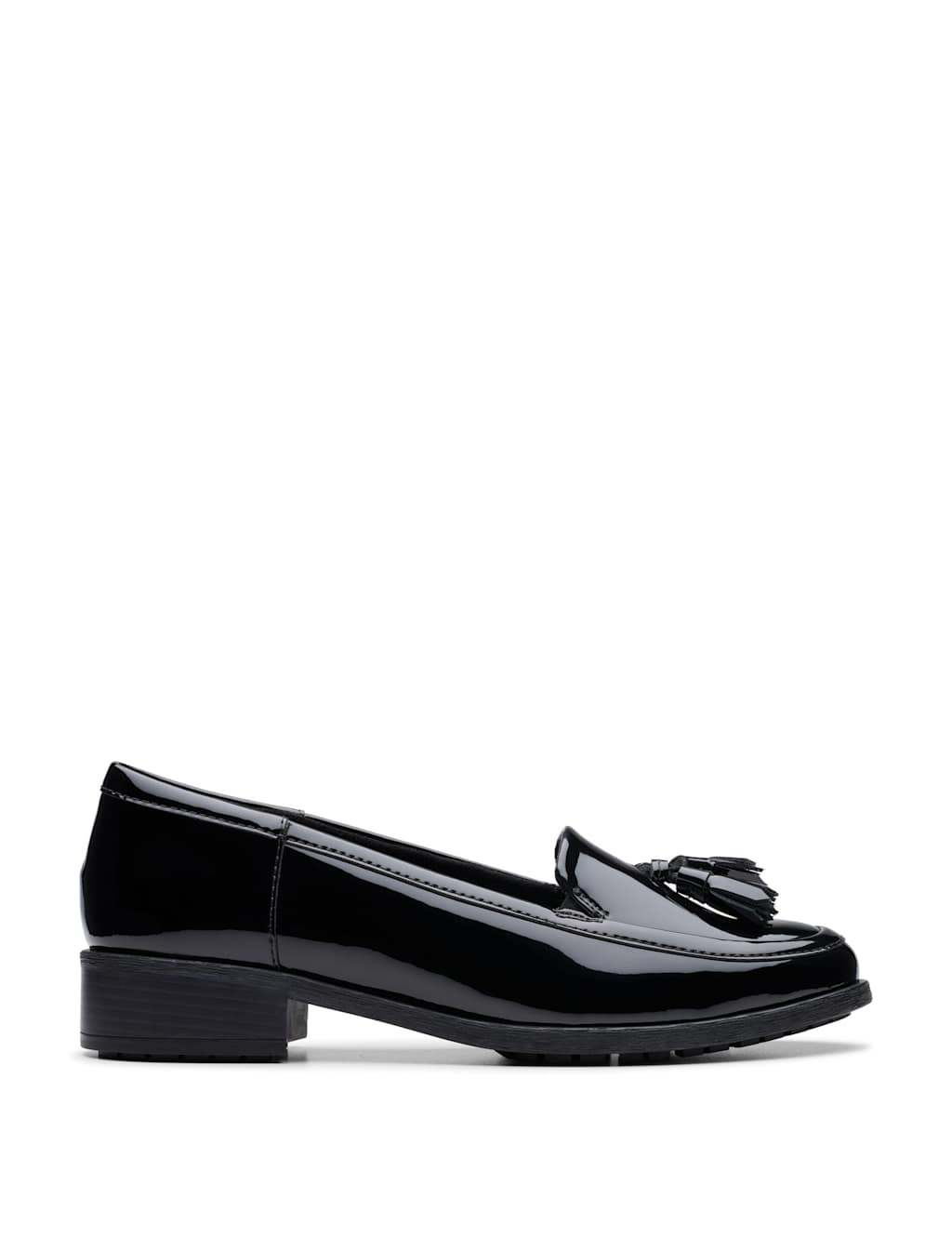 Clarks Wide Fit Leather Patent Block Heel Loafers Black