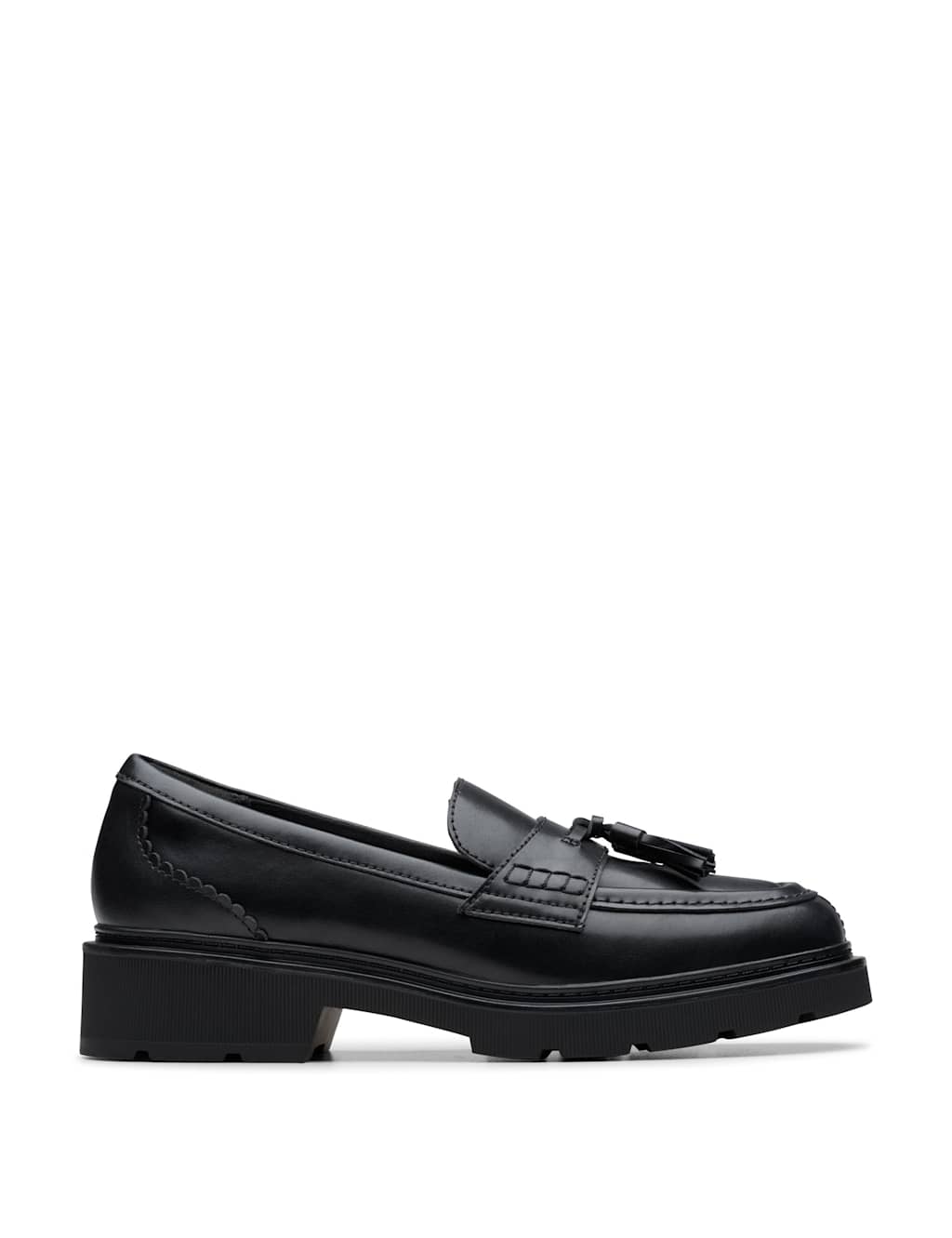 Clarks Leather Tassel Block Heel Loafers Black