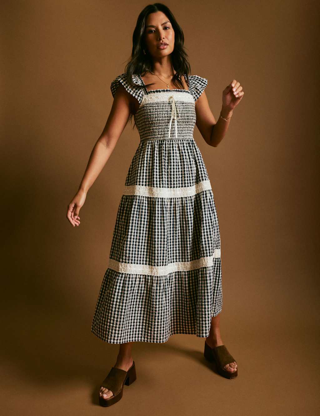 Nobody's Child Women's Pure Cotton Checked Square Neck Smock Dress - 12 - Blue - Available at M&S
