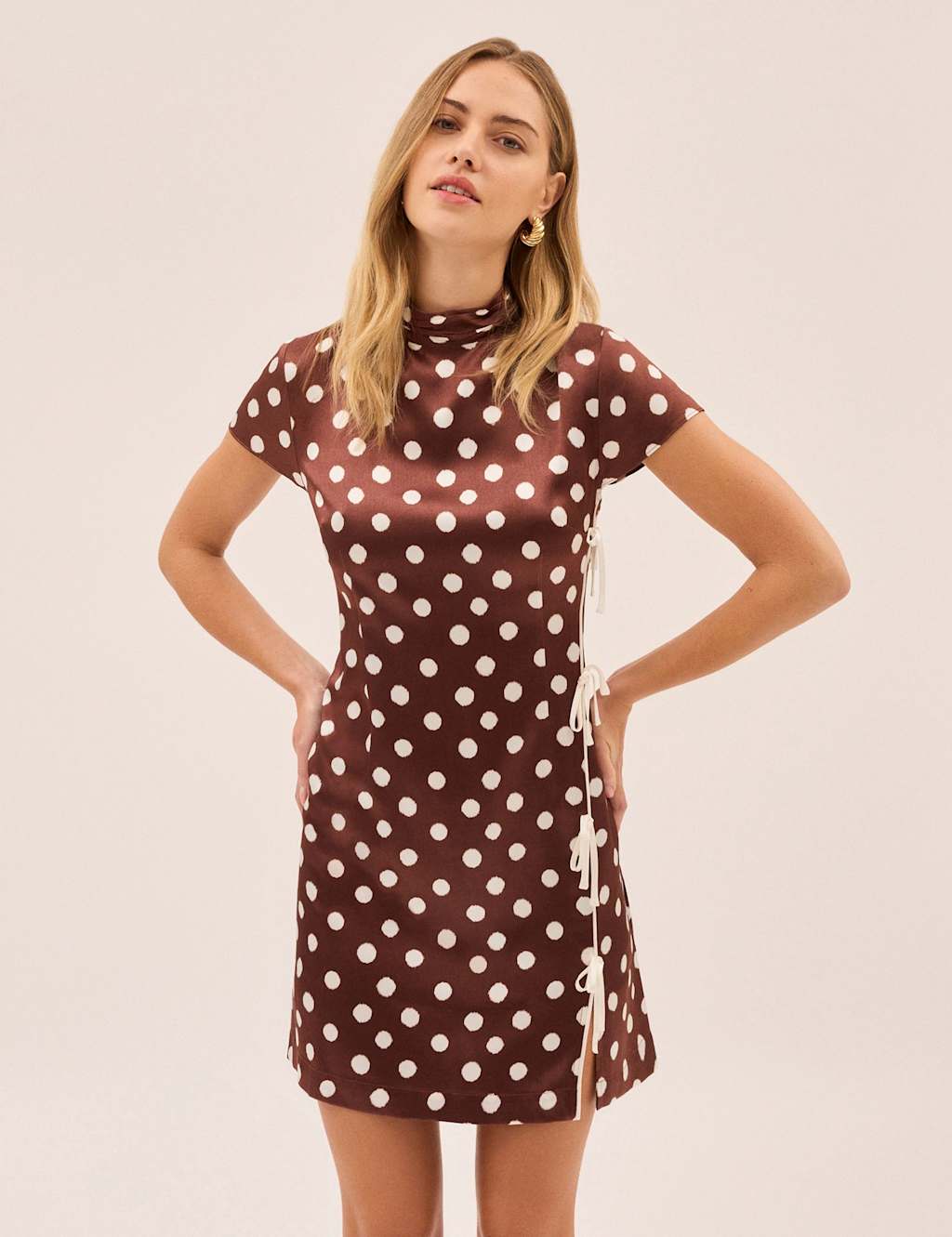 Kitri Women's Polka Dot High Neck Mini Bodycon Dress - 14 - Brown - Available at M&S