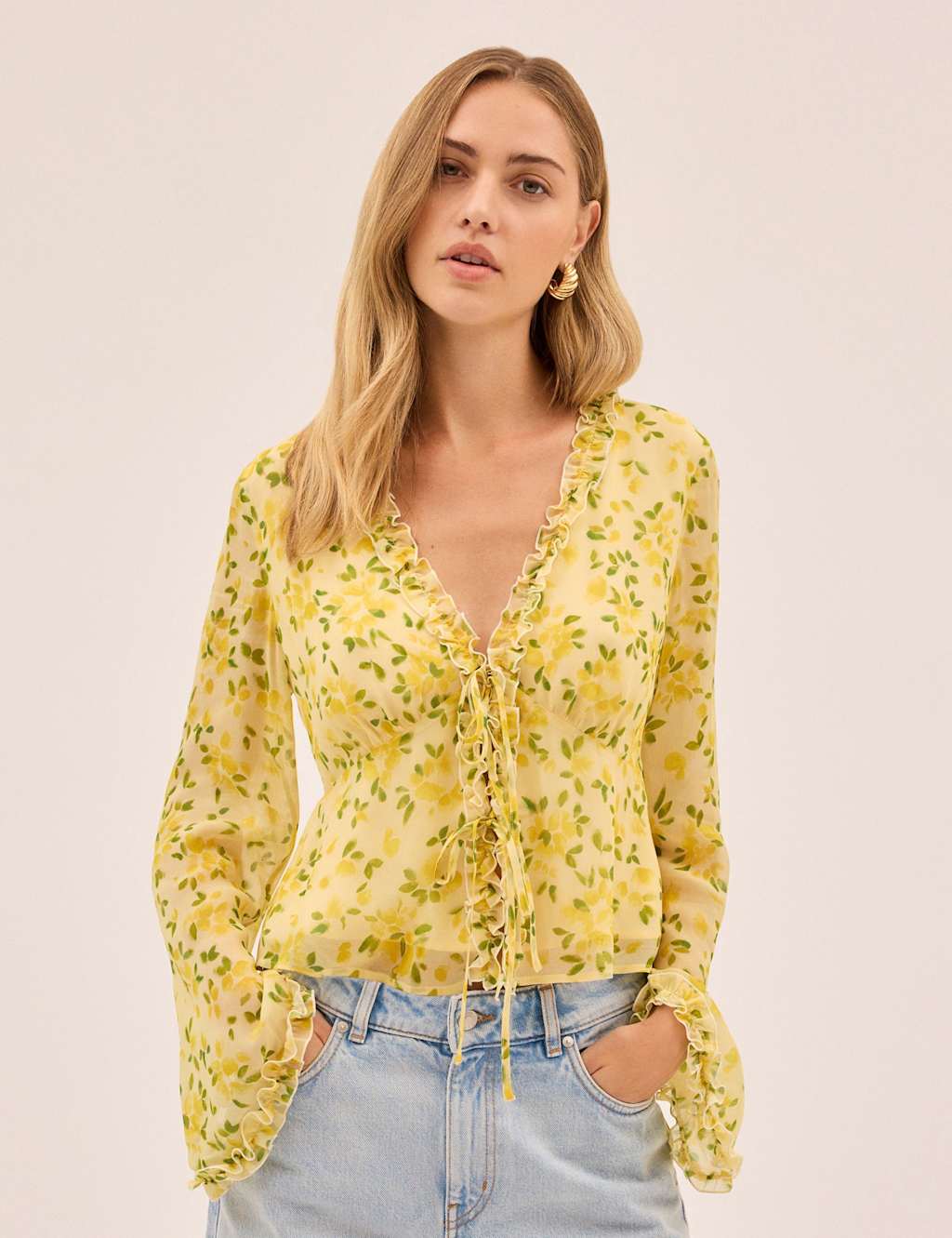Kitri Women's Petal Print V-Neck Flute Sleeve Top - 12 - Yellow - Available at M&S