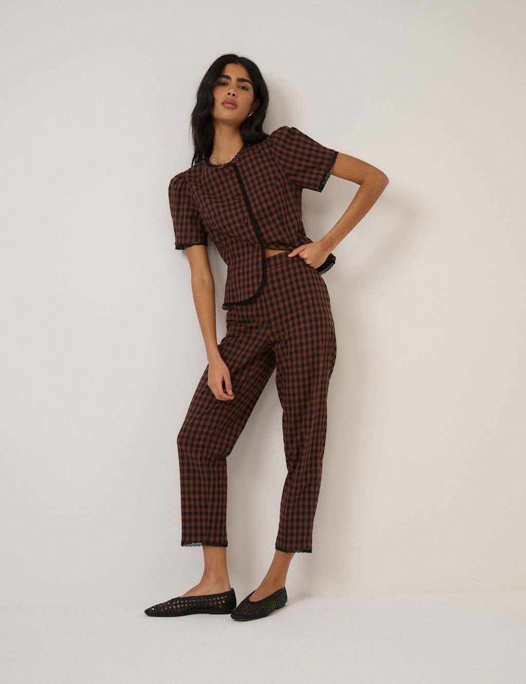 Nobody's Child Women's Cotton Rich Gingham Tapered Cropped Trousers - 16 - Brown - Available at M&S