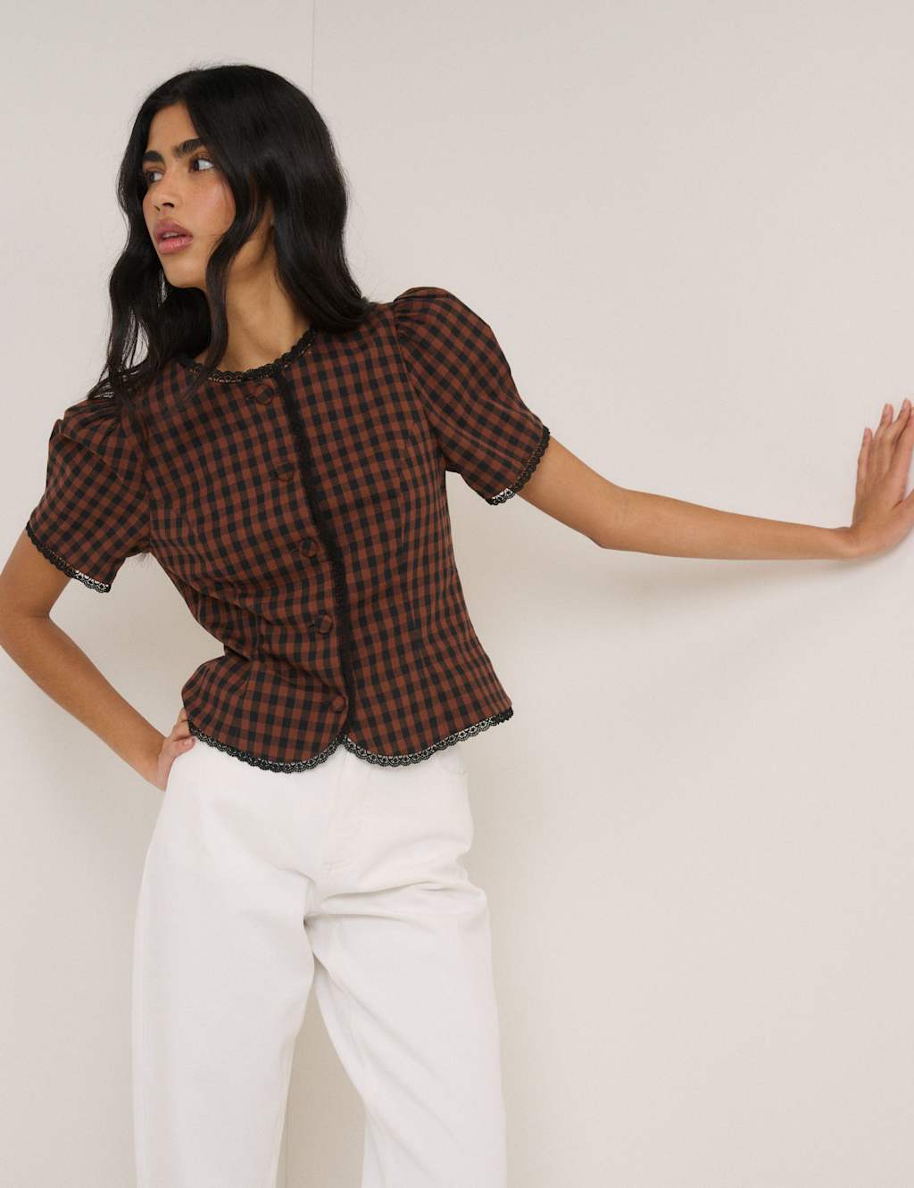 Nobody's Child Women's Cotton Rich Checked Puff Sleeve Top - 16 - Brown - Available at M&S