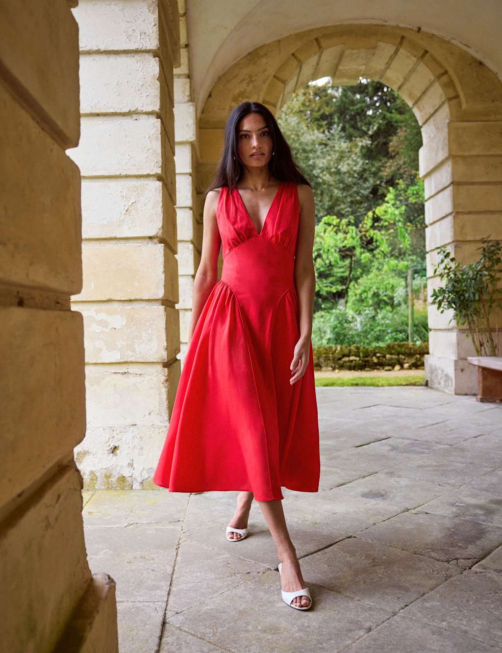 Kitri Women's V-Neck Midi Waisted Dress with Linen - 8 - Red - Available at M&S