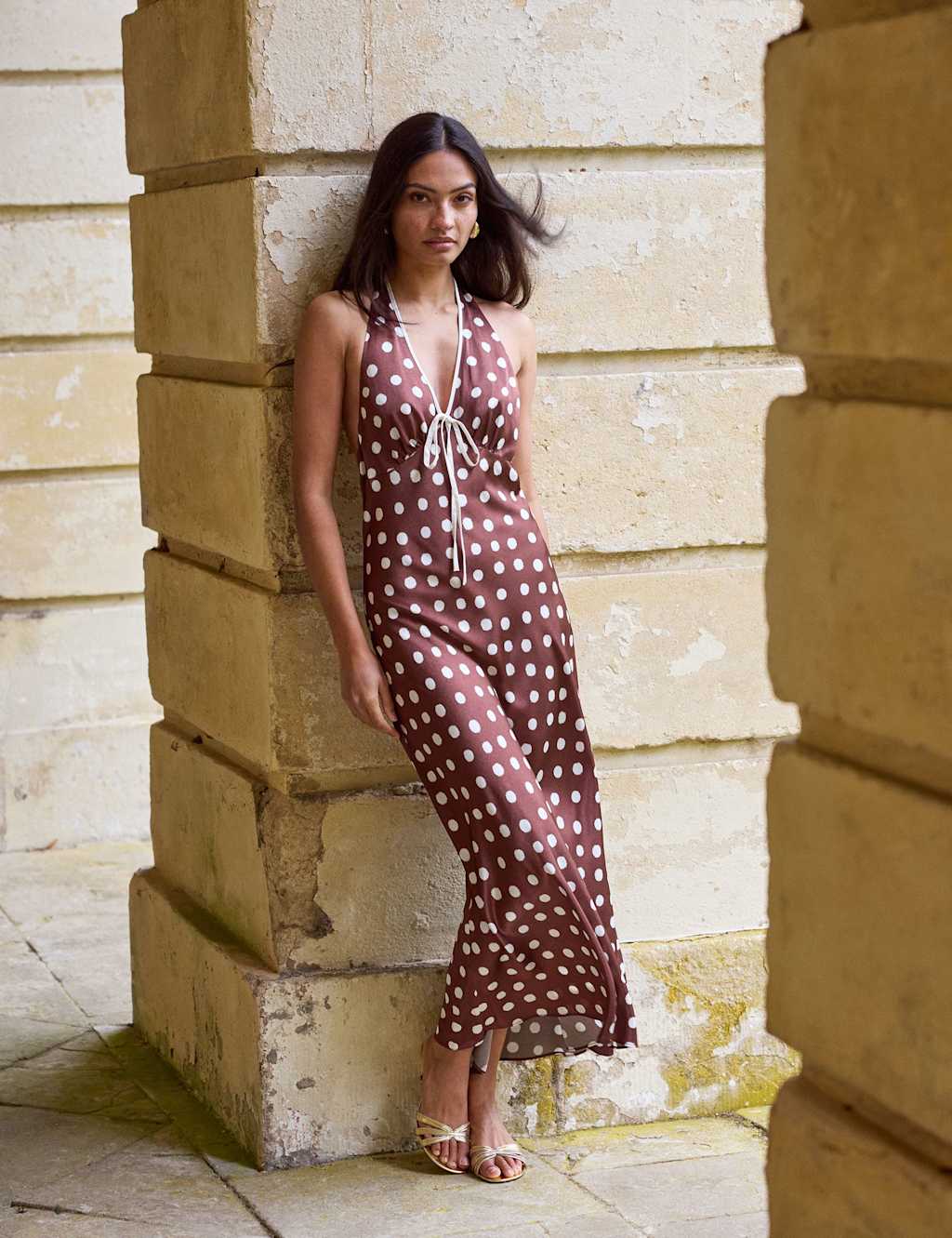 Kitri Women's Polka Dot Halter Neck Maxi Slip Dress - 10 - Brown - Available at M&S