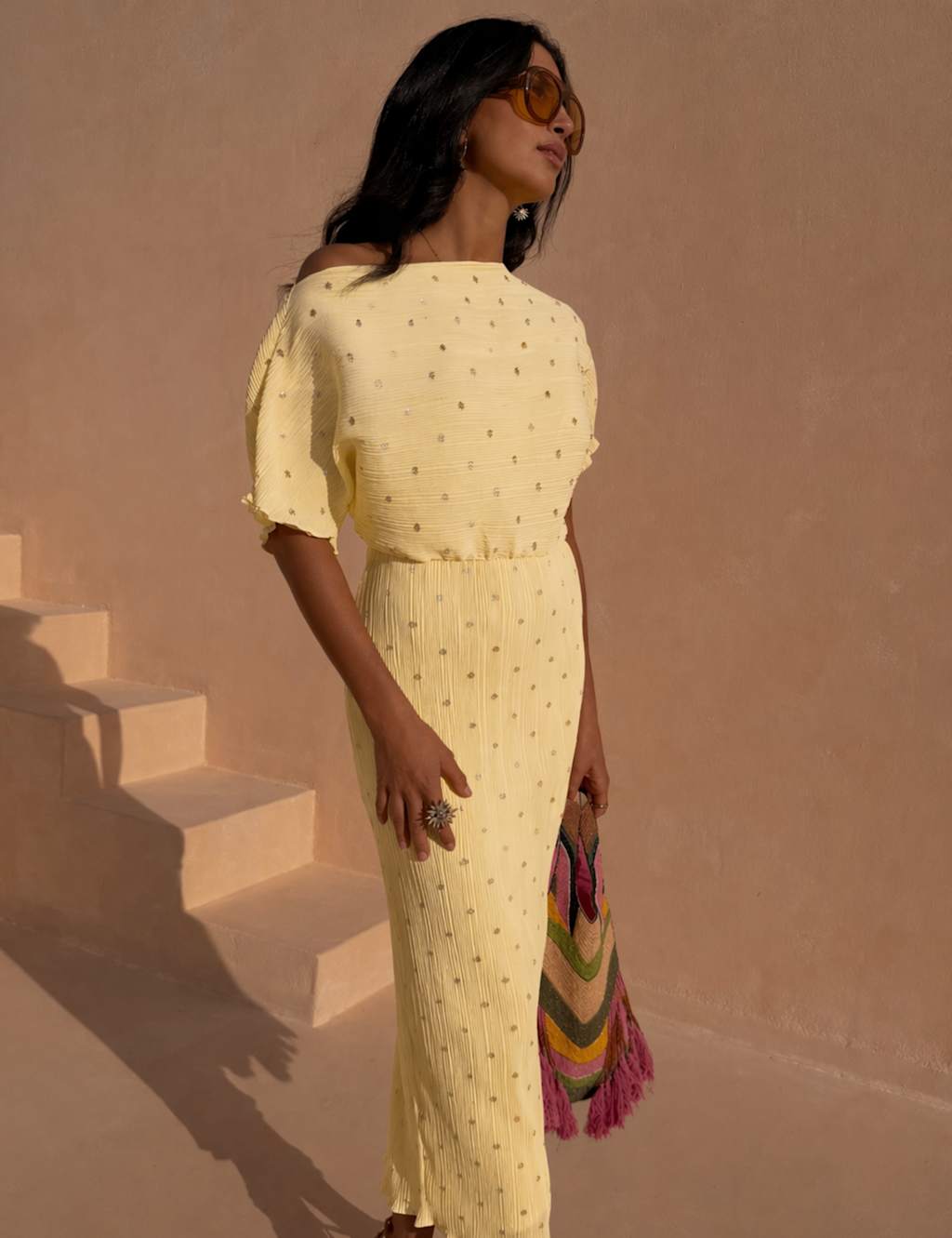 Never Fully Dressed Women's Plisse Metallic One Shoulder Midaxi Dress - Extra Small - Yellow Mix - Available at M&S