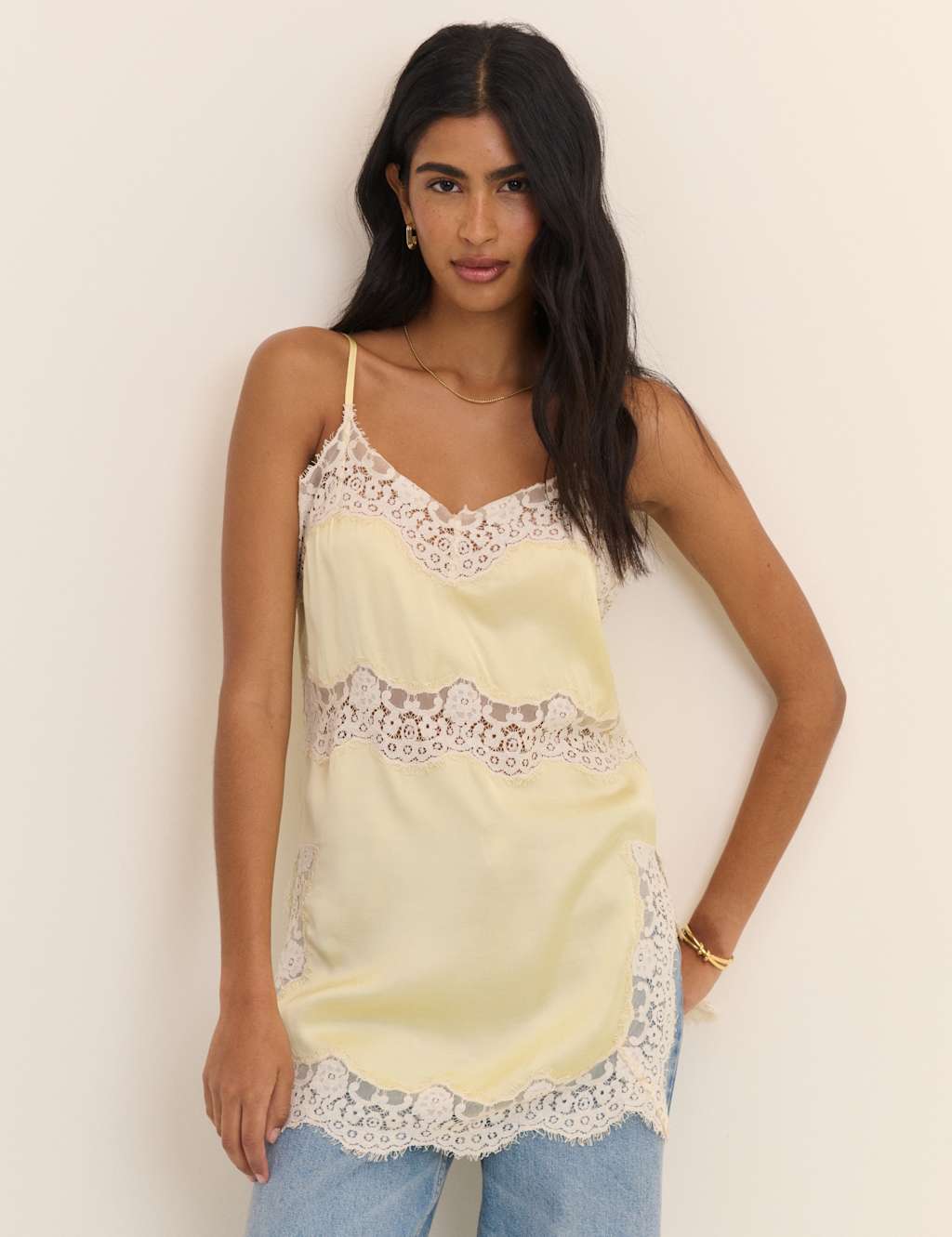 Nobody's Child Women's Satin V-Neck Lace Detail Longline Cami Top - 12 - Cream - Available at M&S