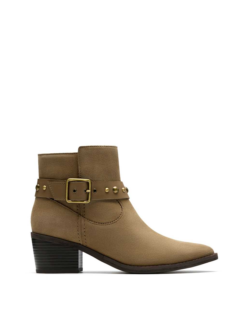 Clarks Suede Buckle Block Heel Pointed Ankle Boots Sand
