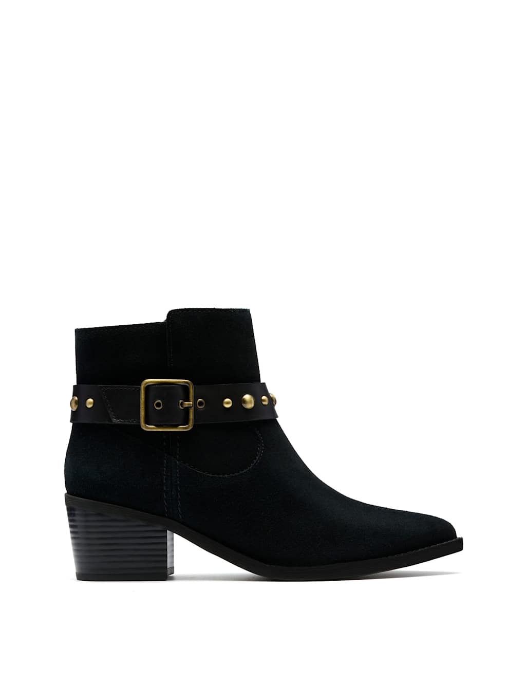 Clarks Suede Buckle Block Heel Pointed Ankle Boots Black