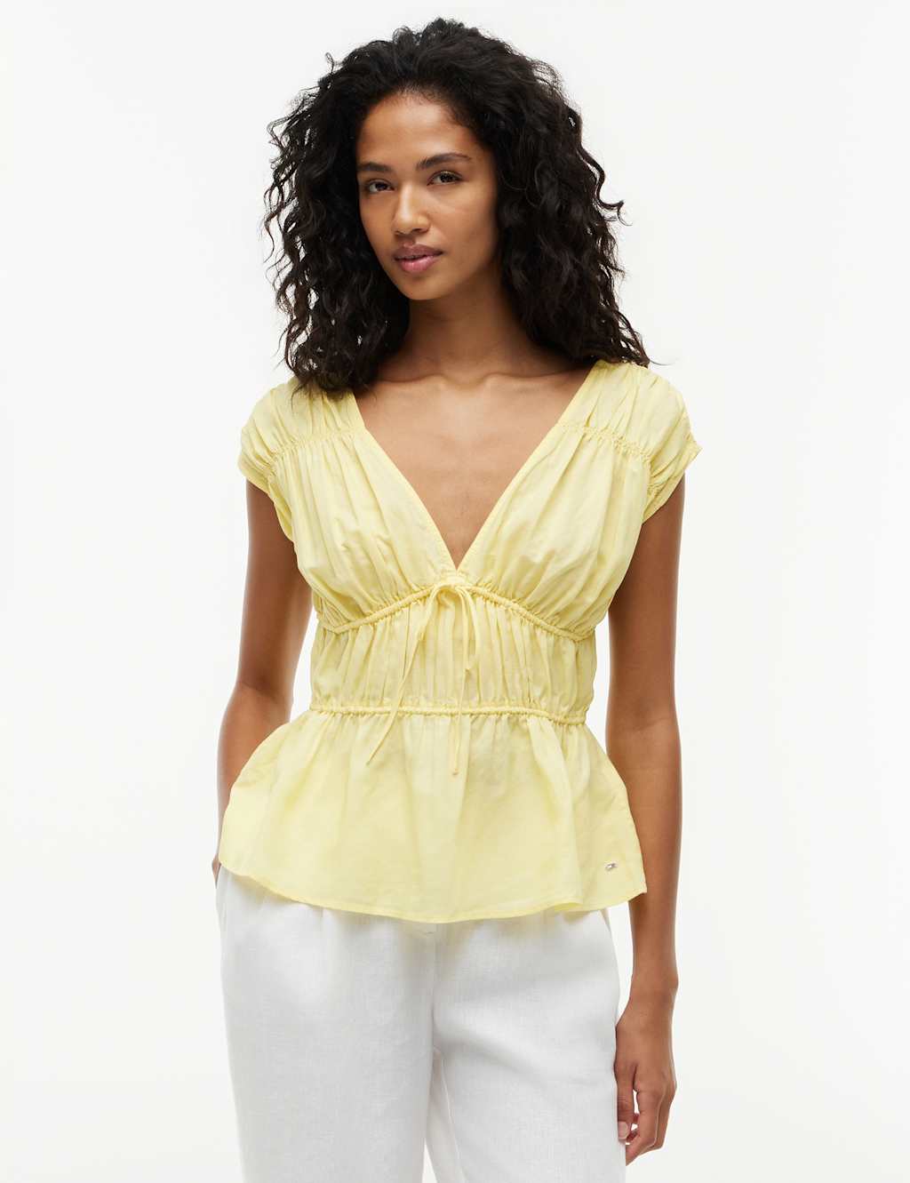 Tommy Hilfiger Women's V-Neck Tie Detail Top with Linen - Small - Yellow - Available at M&S