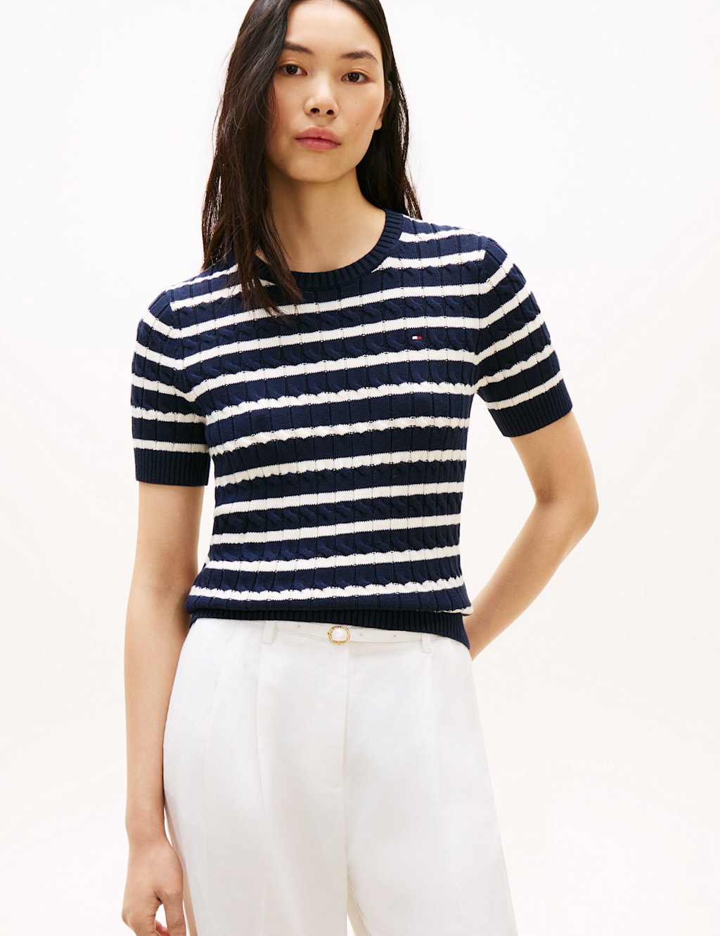 Tommy Hilfiger Women's Pure Cotton Cable Knit Striped Knitted Top - Small - Navy Mix - Available at M&S