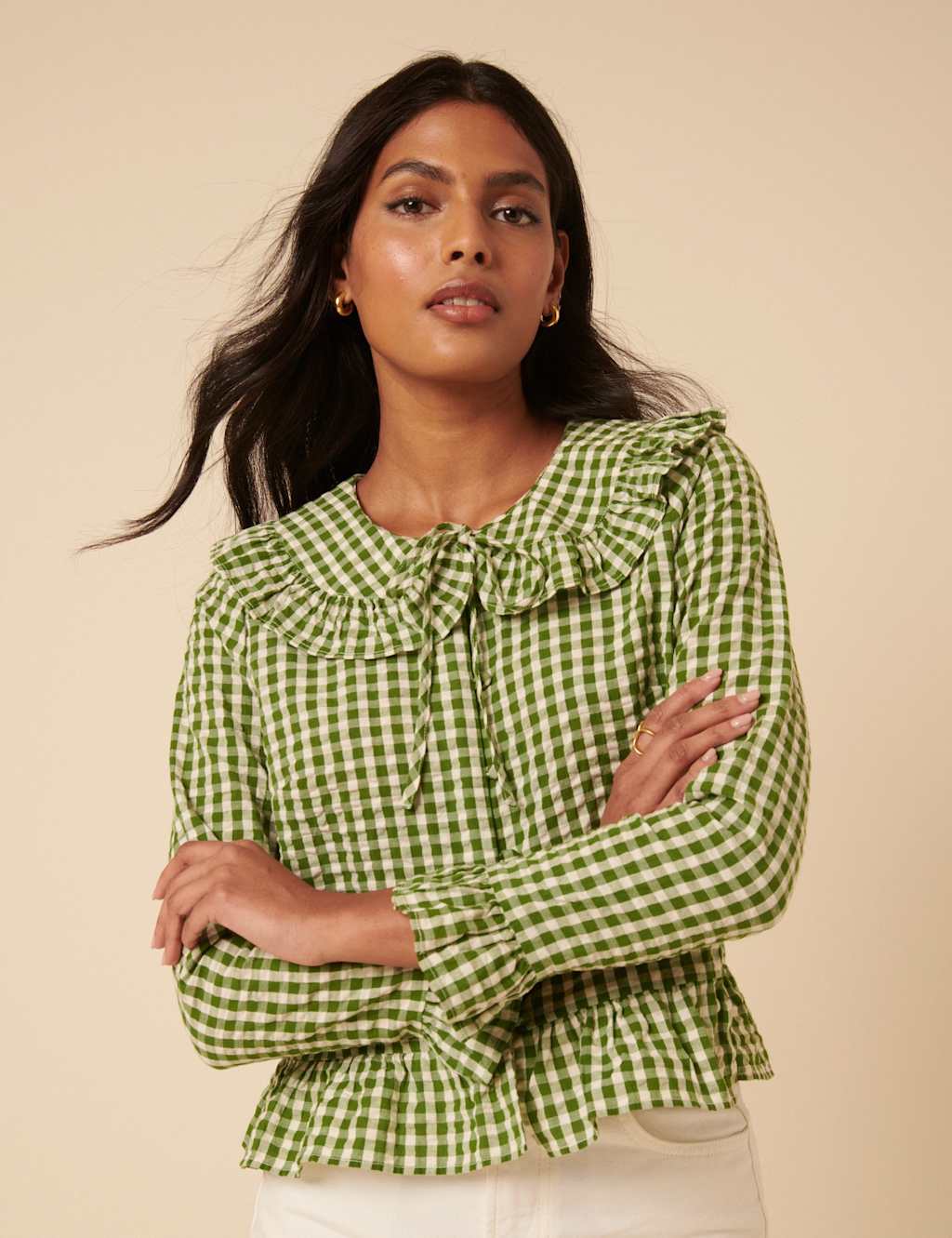 Nobody's Child Pure Cotton Checked Ruffle Blouse Green