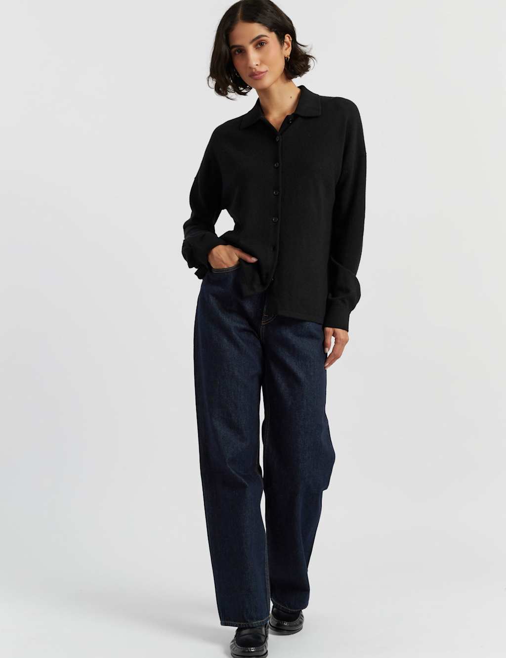 Chinti & Parker Wool Rich Collared Shirt with Cashmere Black