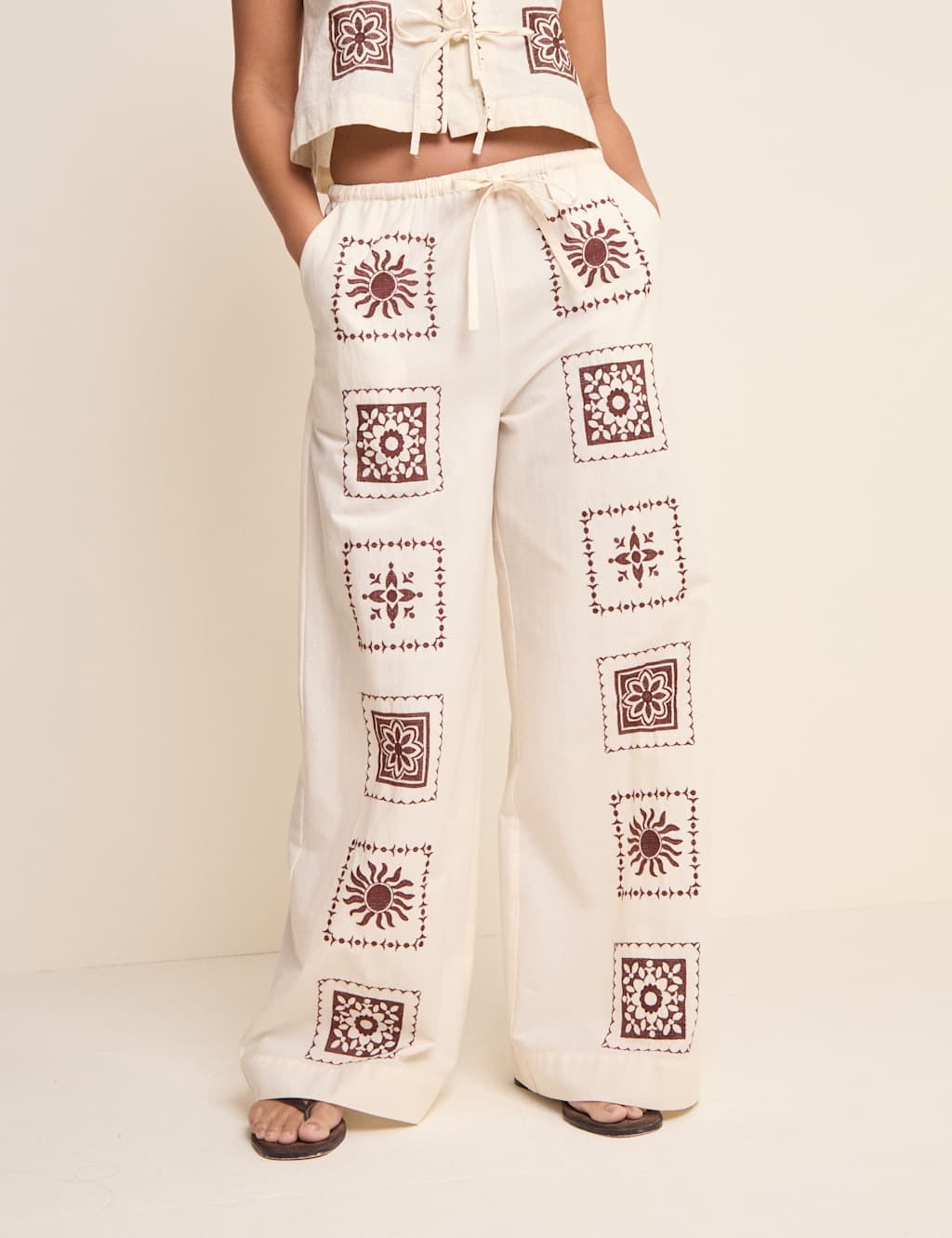 Nobody's Child Women's Pure Cotton Printed Wide Leg Trousers - 18 - Cream - Available at M&S