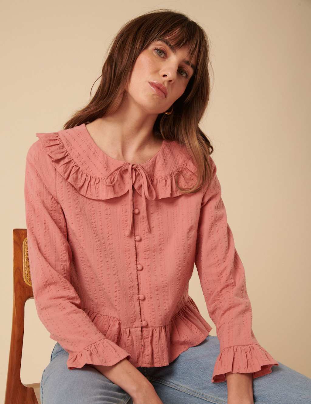 Nobody's Child Pure Cotton V-Neck Relaxed Ruffle Blouse Pink
