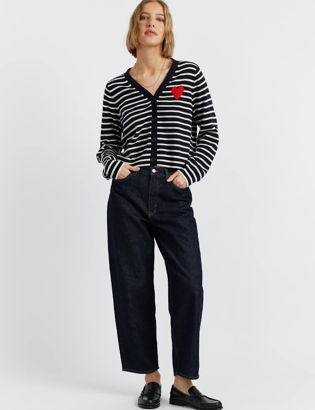 Chinti & Parker Wool Rich V-Neck Heart Cardigan with Cashmere Navy Mix