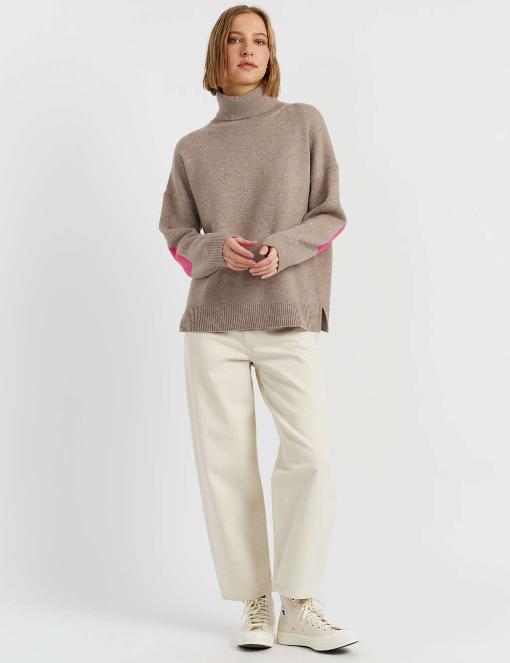 Chinti & Parker Wool Rich Roll Neck Patch Jumper with Cashmere Sand