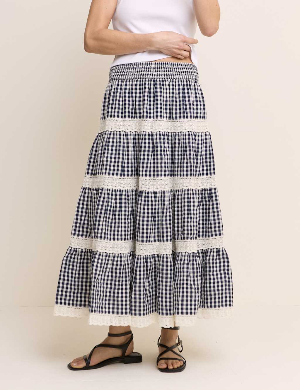 Nobody's Child Women's Pure Cotton Gingham Midi Tiered Skirt - 10 - Blue - Available at M&S