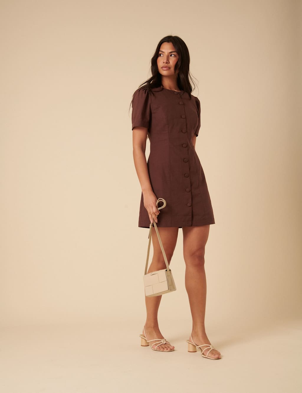 Nobody's Child Cotton Rich Button Front Mini Tailored Dress Brown