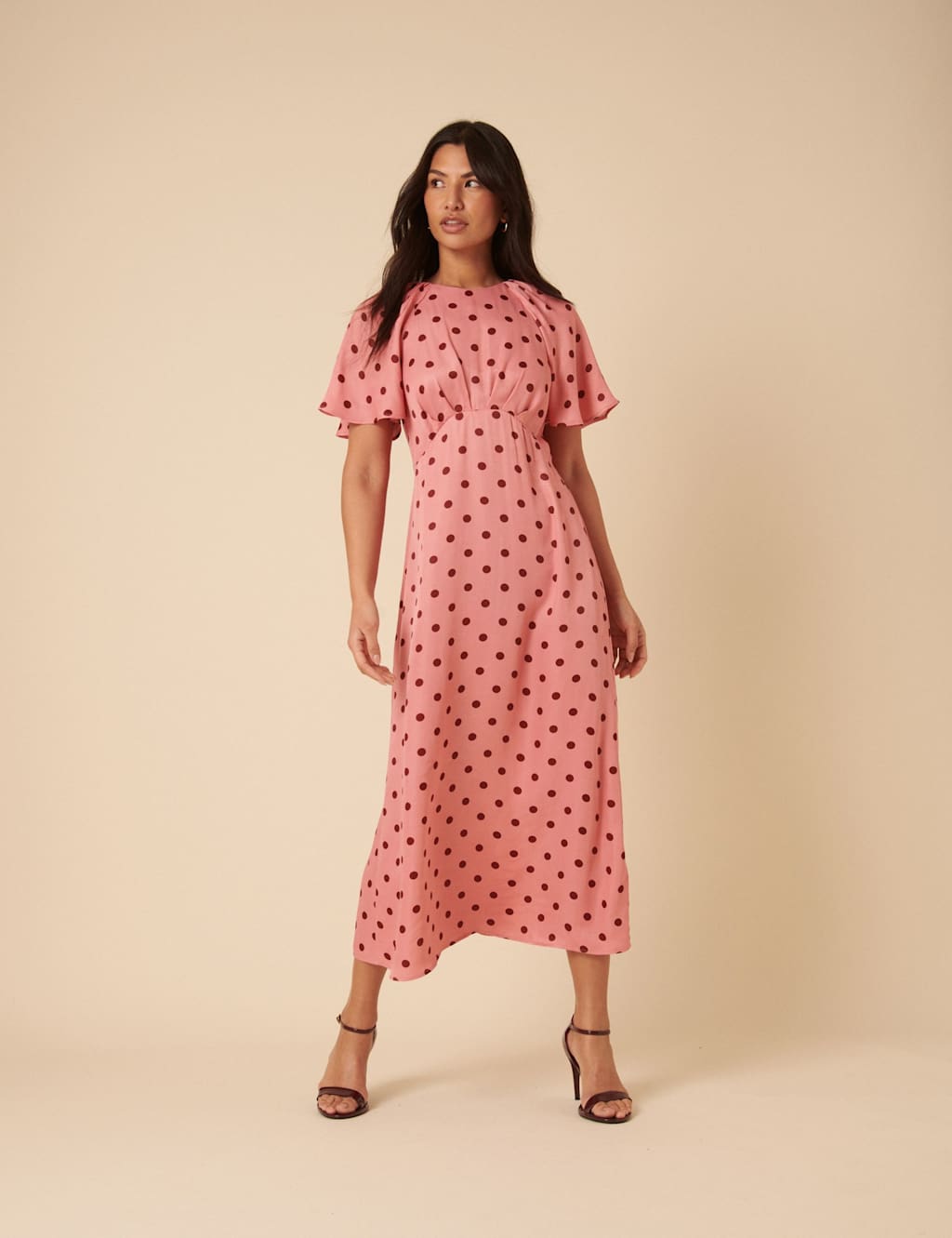 Nobody's Child Polka Dot Angel Sleeve Midi Tea Dress Pink