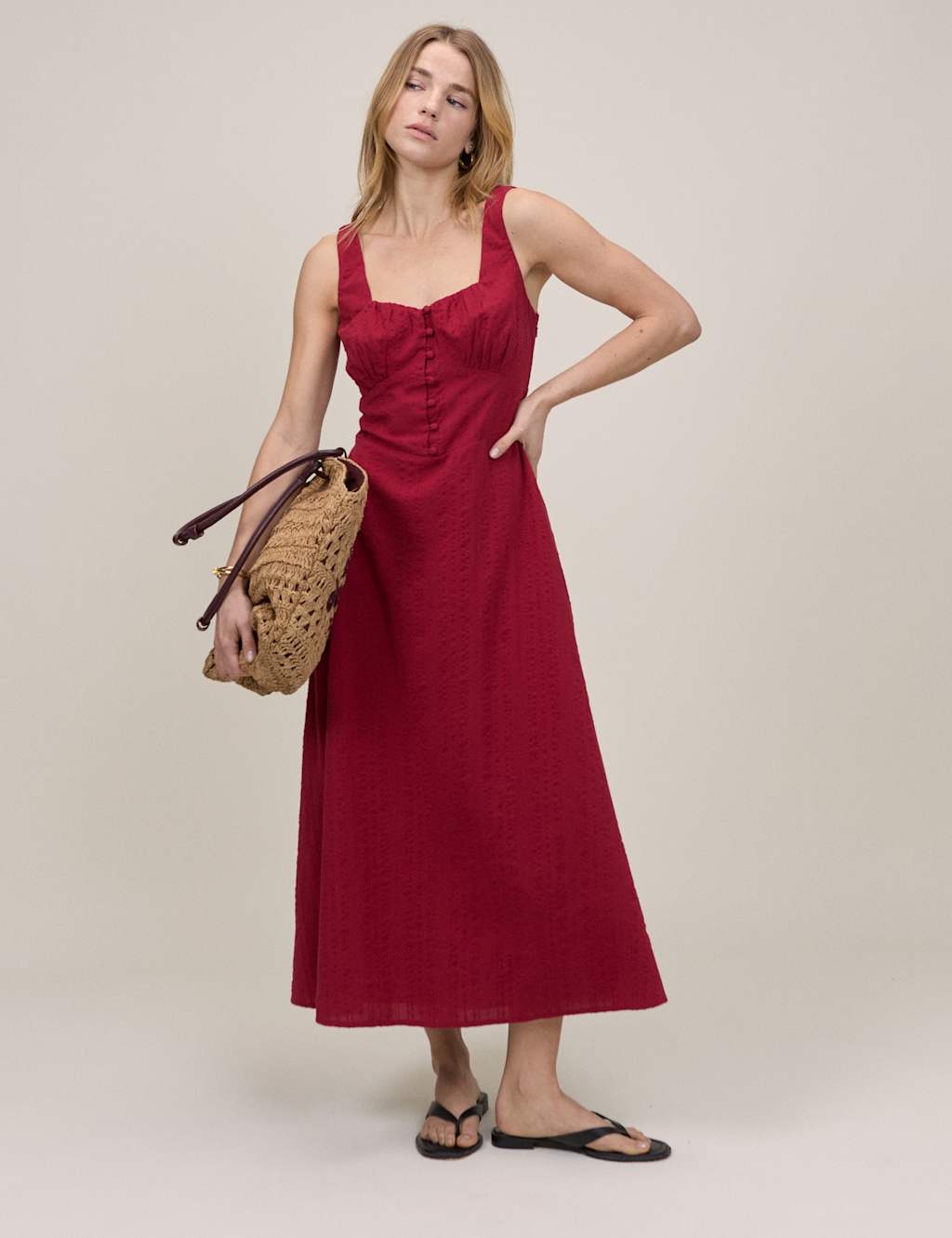 Nobody's Child Women's Pure Cotton Square Neck Midi Waisted Dress - 12 - Brown - Available at M&S