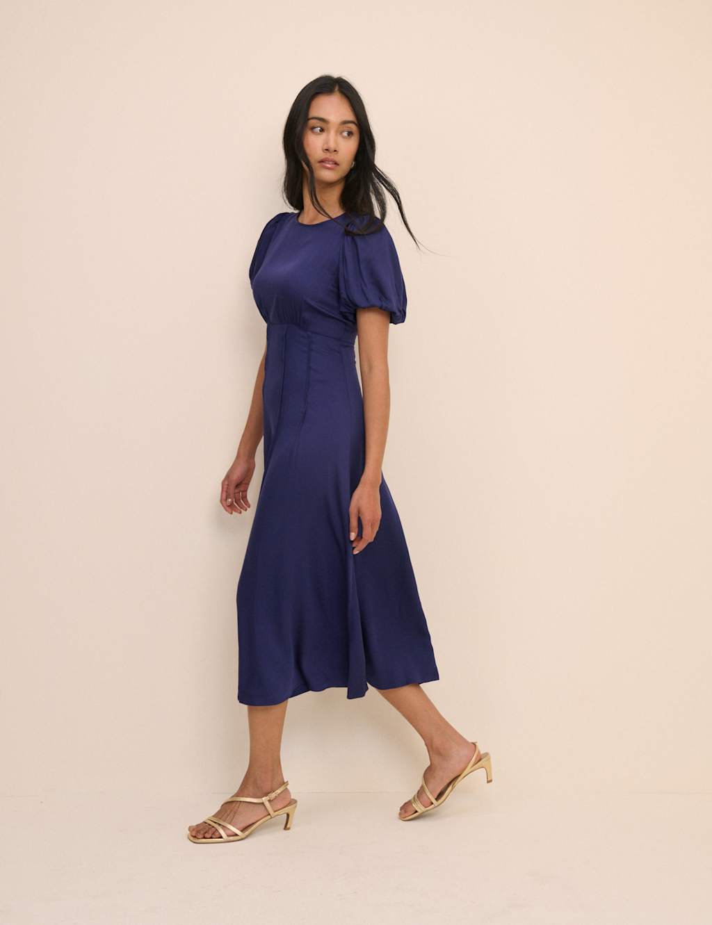 Nobody's Child Women's Round Neck Puff Sleeve Midi Waisted Dress - 18 - Blue - Available at M&S