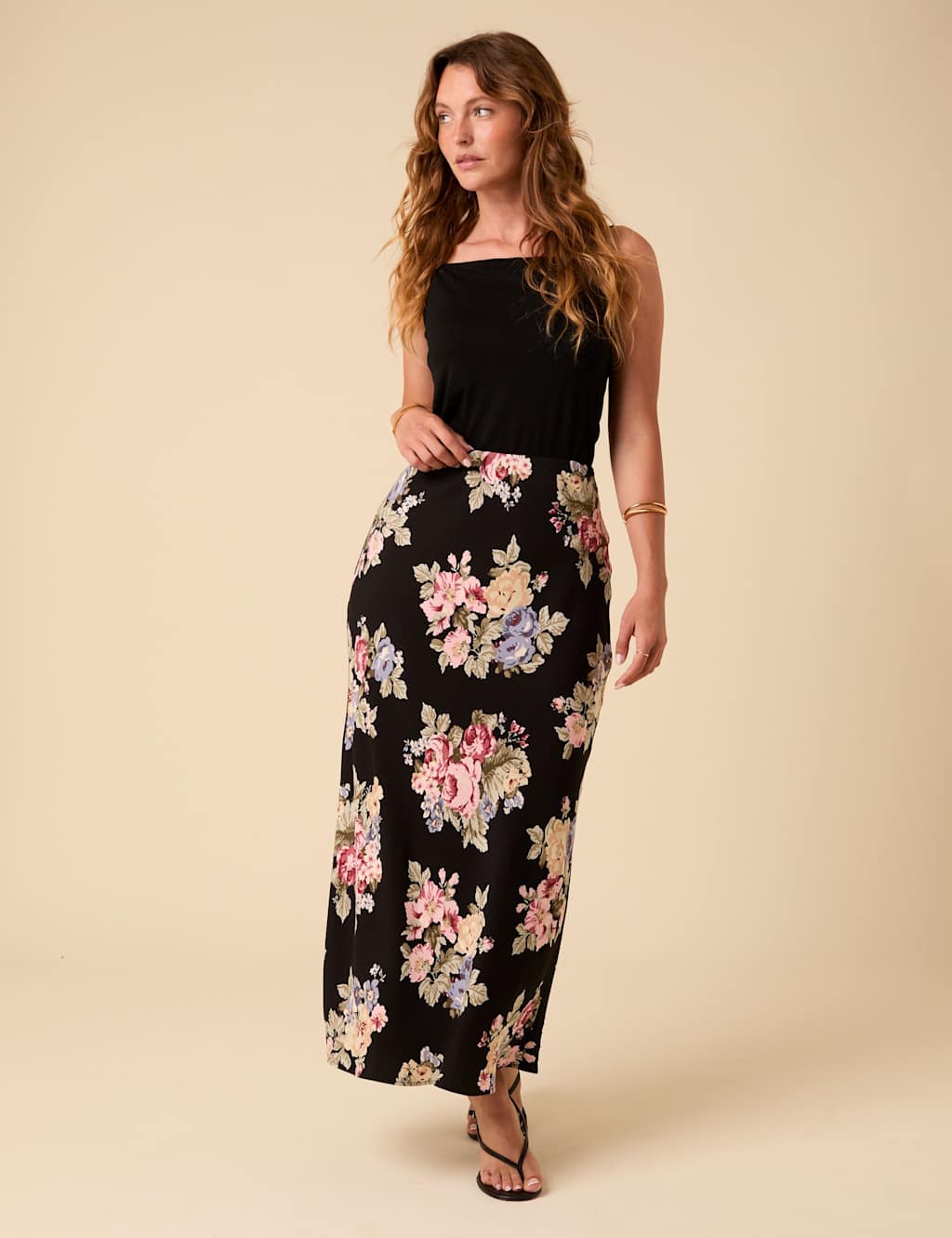 Nobody's Child Floral Midi Slip Skirt Black Mix