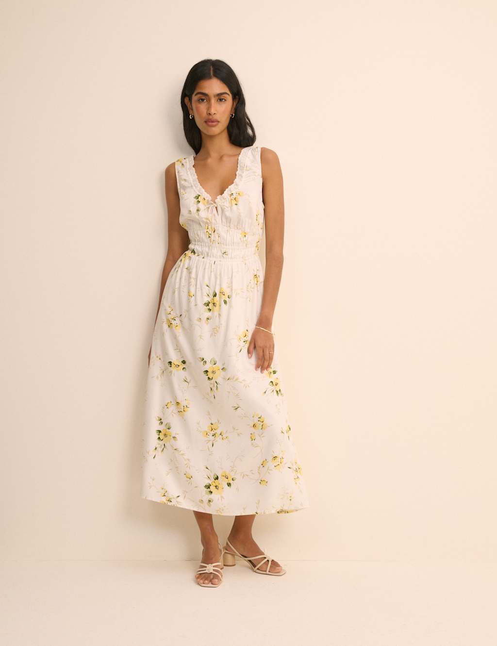 Nobody's Child Women's Floral V-Neck Lace Trim Midi Waisted Dress - 14 - White Mix - Available at M&S