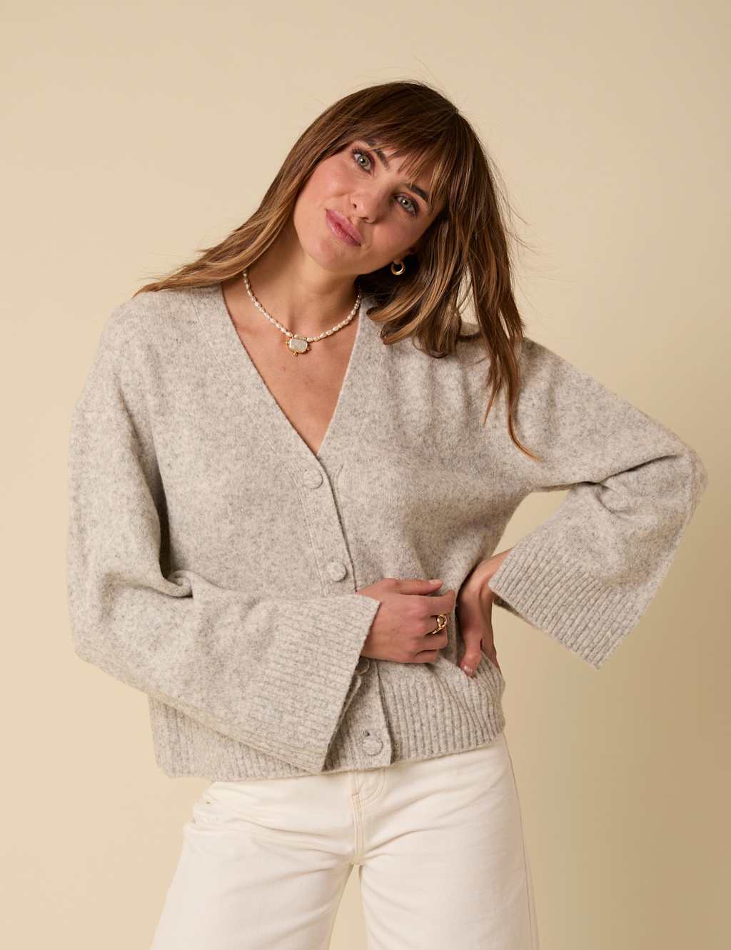 Nobody's Child Textured V-Neck Relaxed Cardigan with Wool Grey