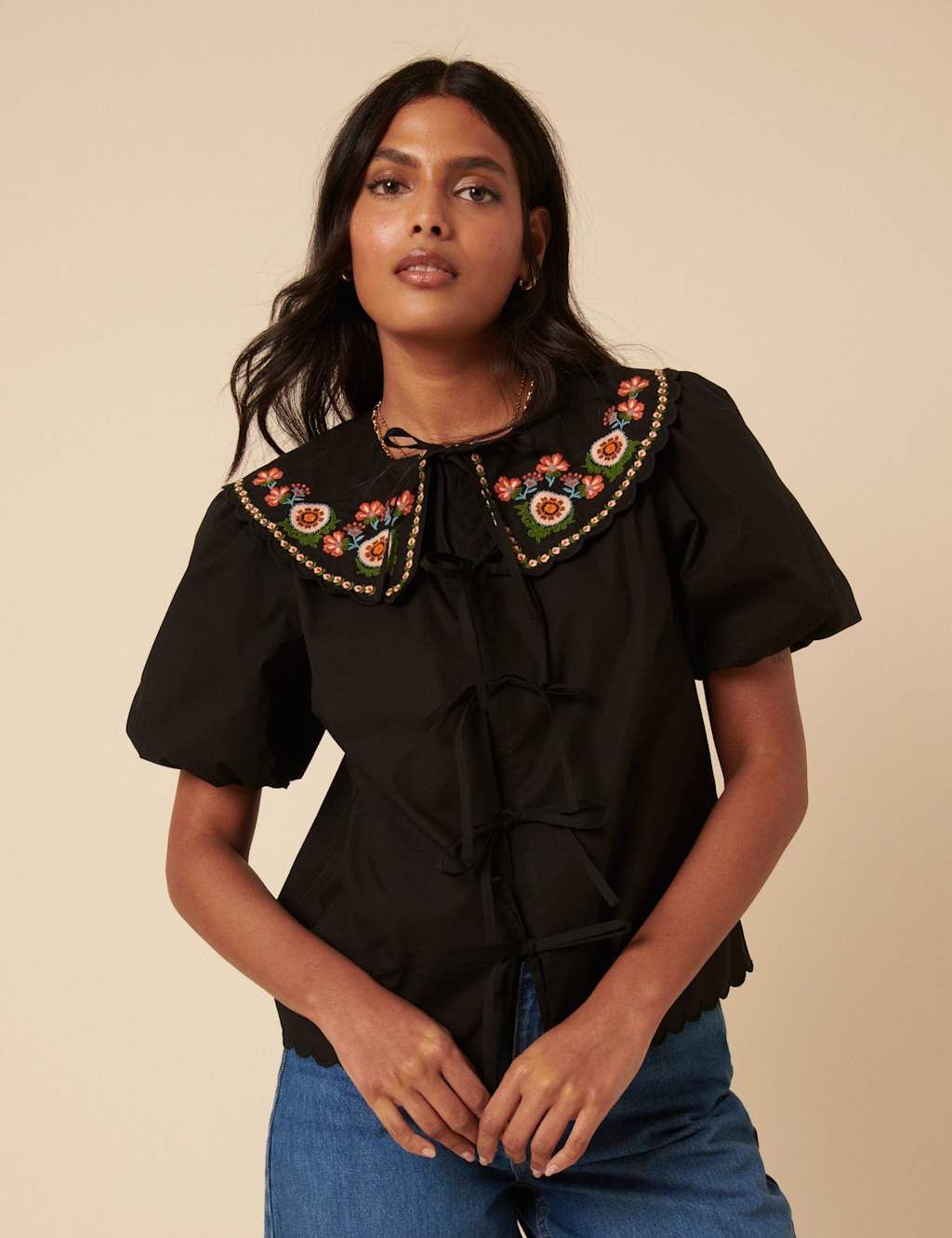 Nobody's Child Pure Cotton Floral Collared Blouse Black