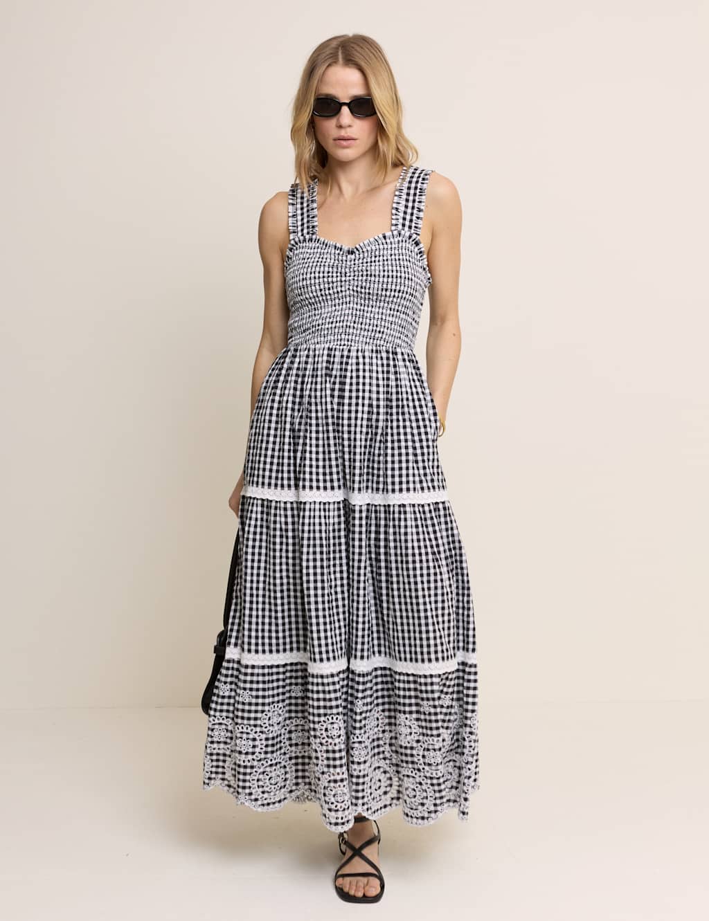 Nobody's Child Women's Pure Cotton Gingham Midi Tiered Dress - 18 - Black Mix - Available at M&S