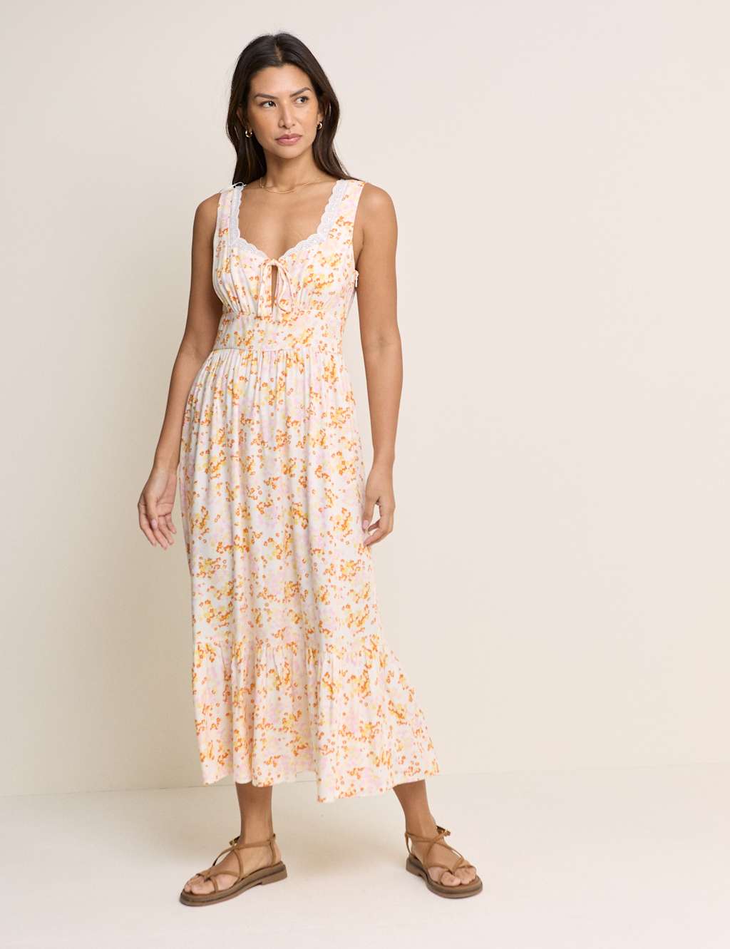 Nobody's Child Women's Floral Square Neck Midi Waisted Dress - 12 - White Mix - Available at M&S