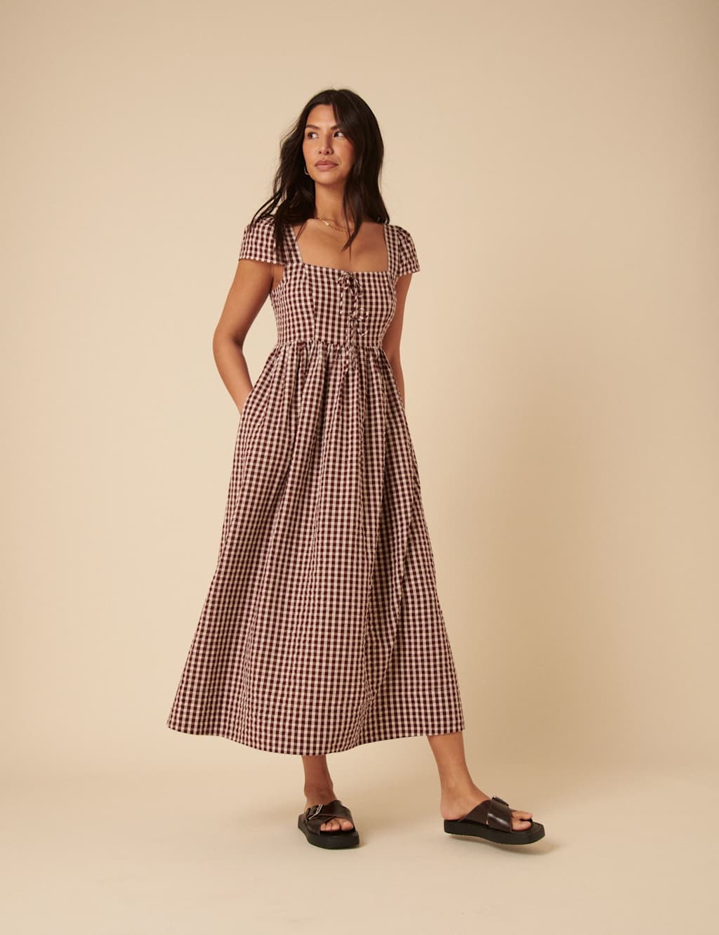 Nobody's Child Pure Cotton Gingham Square Neck Midi Dress Brown