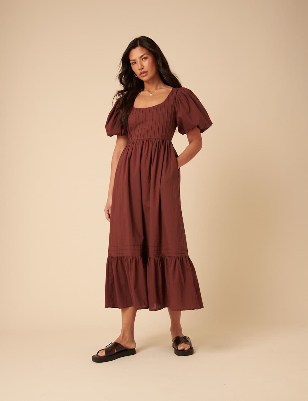Nobody's Child Women's Pure Cotton Midi Tiered Dress - 12 - Brown, Brown