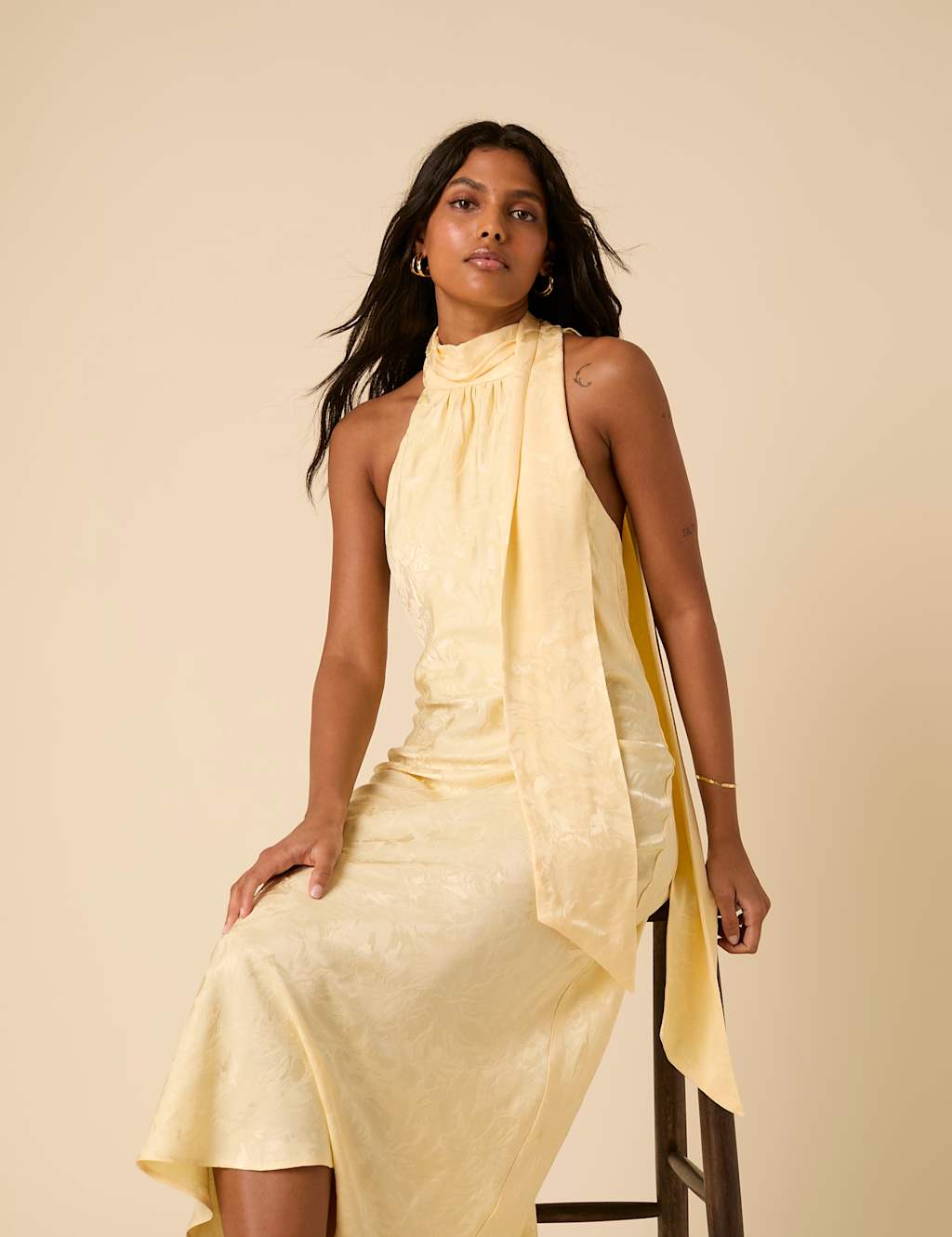 Nobody’s Child Satin Halter Neck Maxi Slip Dress Yellow