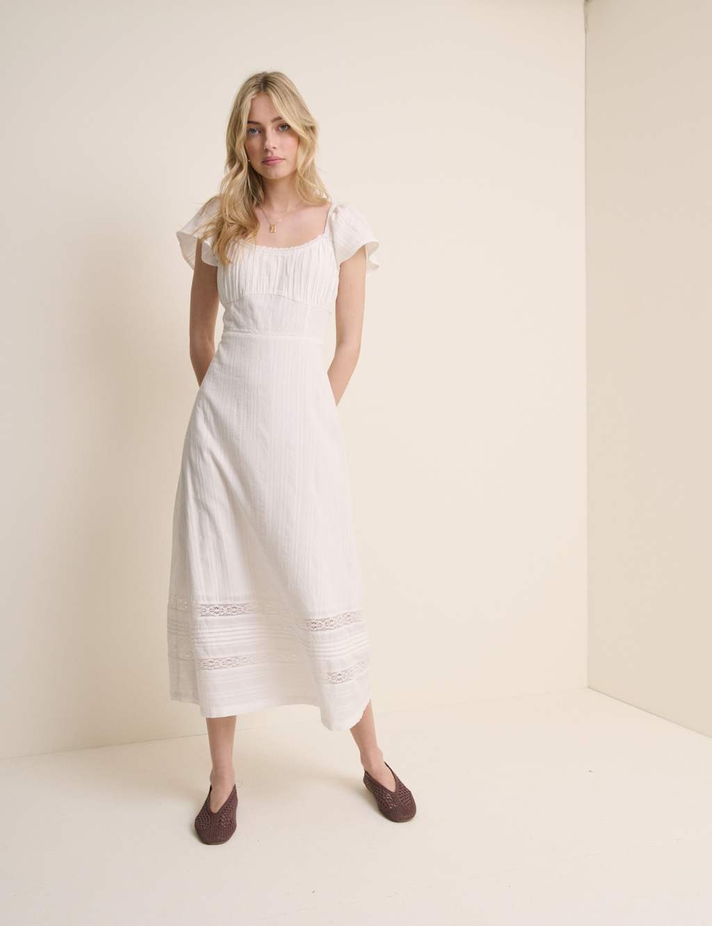Nobody's Child Women's Pure Cotton Lace Insert Midi Waisted Dress - 14 - White - Available at M&S