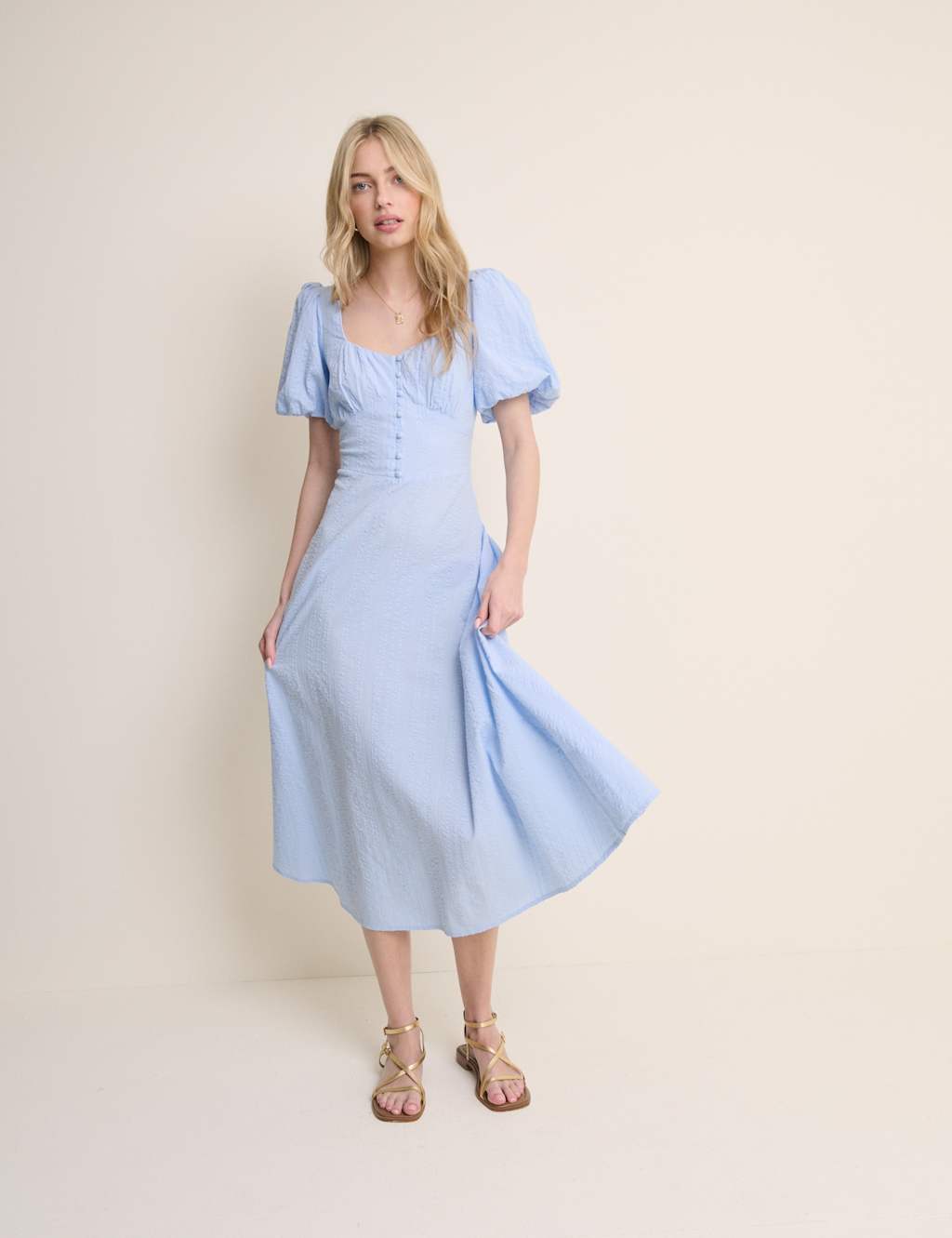 Nobody's Child Women's Pure Cotton Puff Sleeve Midi Tea Dress - 12 - Blue - Available at M&S