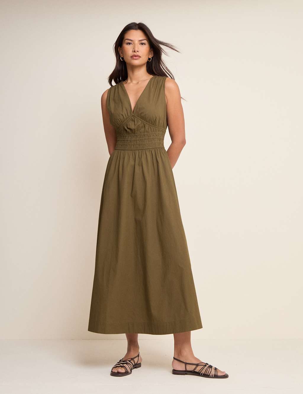 Nobody's Child Women's Pure Cotton V-Neck Midi Waisted Dress - 18 - Green - Available at M&S