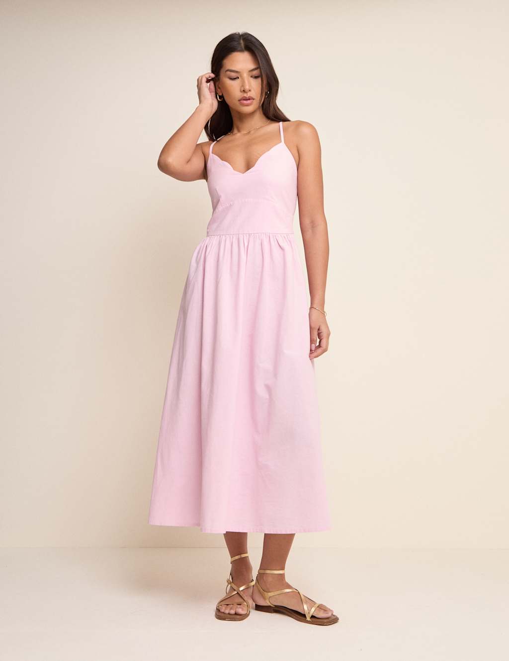 Nobody's Child Women's Cotton Rich Shirred Midi Skater Dress - 12 - Pink - Available at M&S